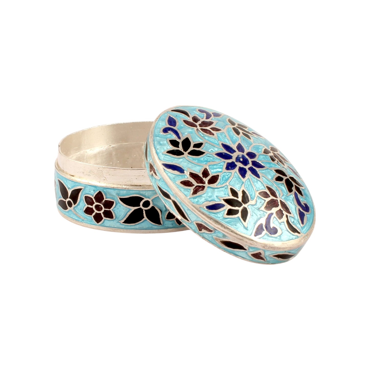 Floral Leaf Multicolor Enamel Work Box 925 Sterling Silver Enamelled Jewelry
