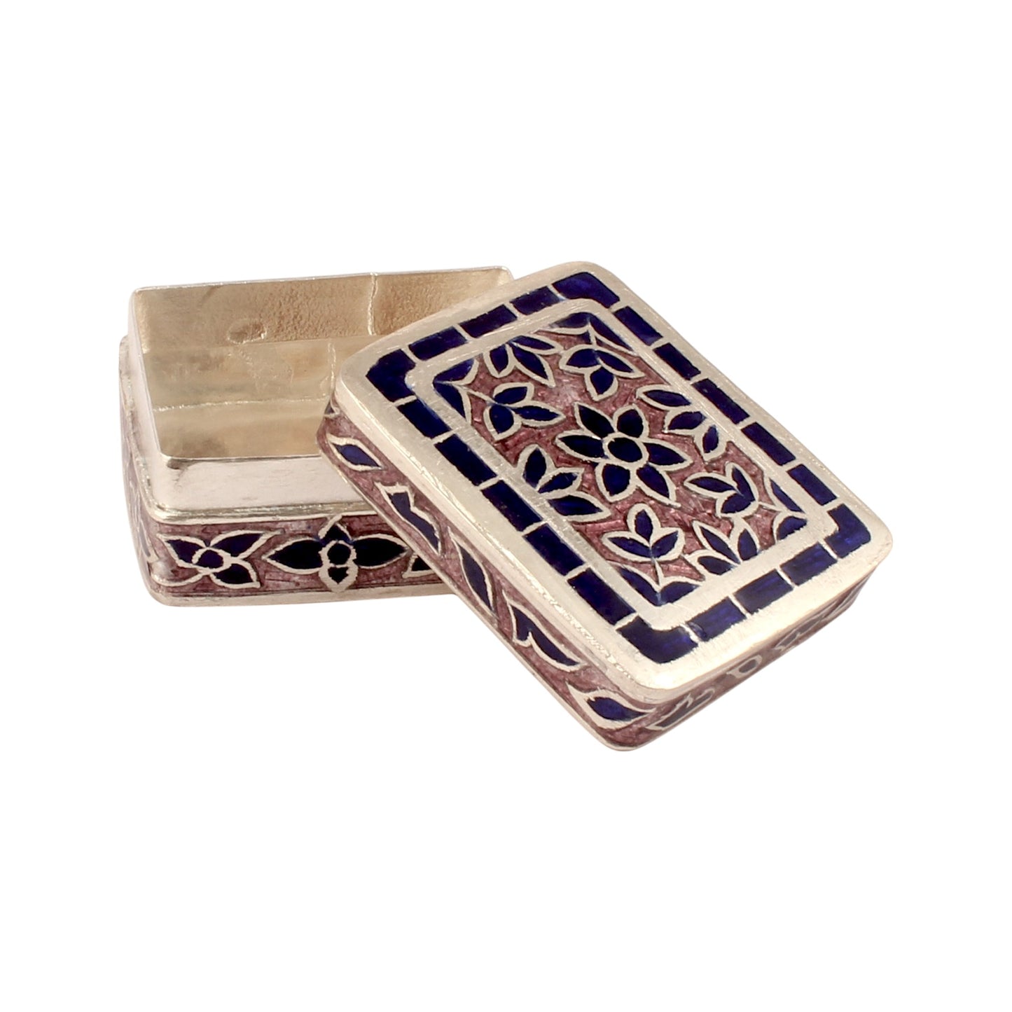 925 Sterling Silver Meenakari Work Floral Design Trinket Box Container Sindoor Box