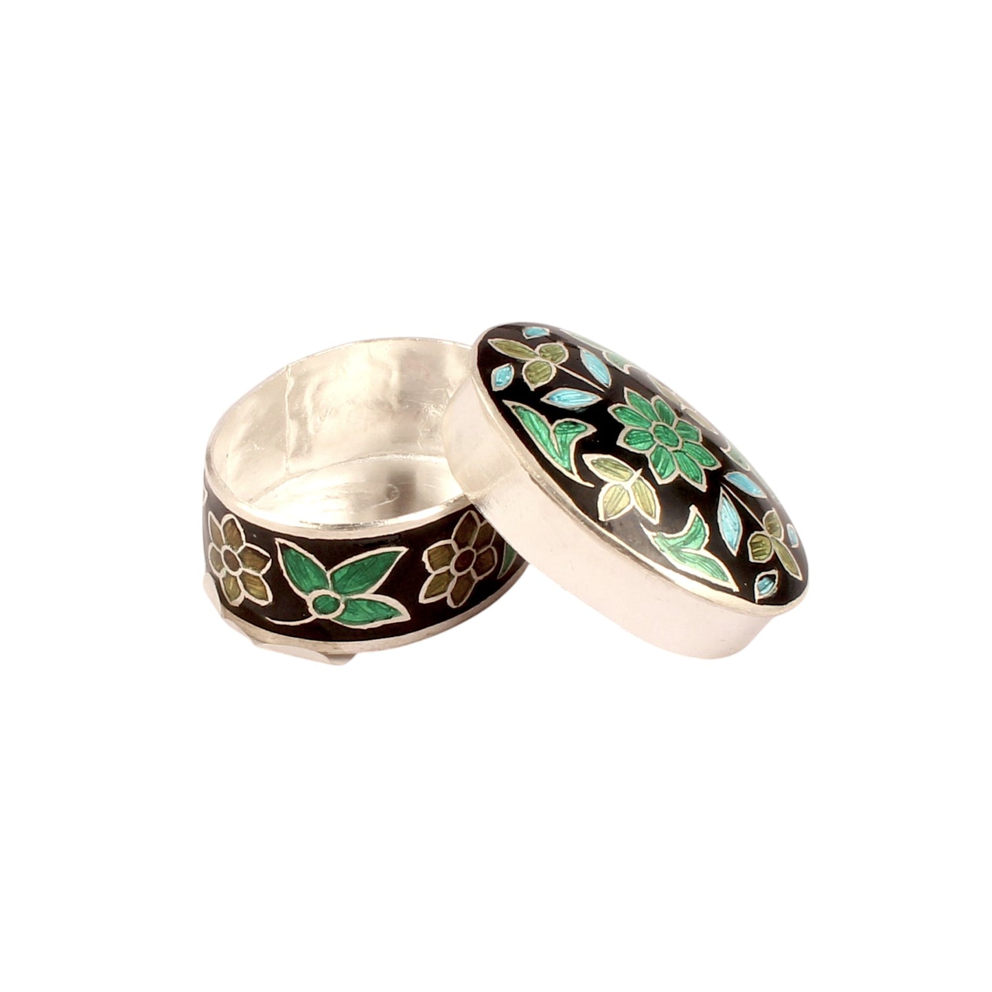 Meenakari Floral Trinket Box Container Handmade 925 Sterling Silver Sindoor Box