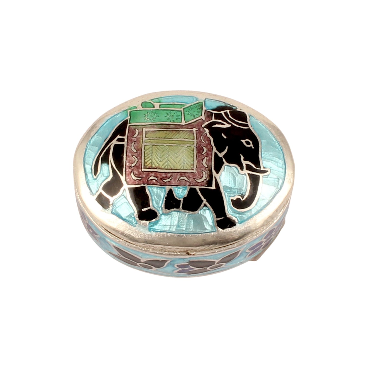 Sterling Silver Indian Enamel Trinket Box Blue Indian Elephant Pill Box