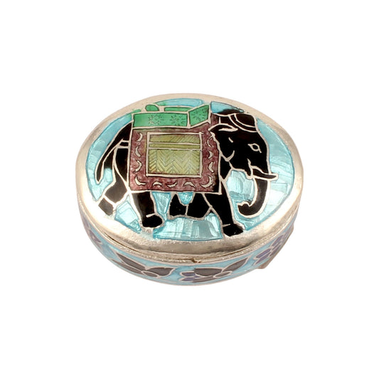Sterling Silver Indian Enamel Trinket Box Blue Indian Elephant Pill Box