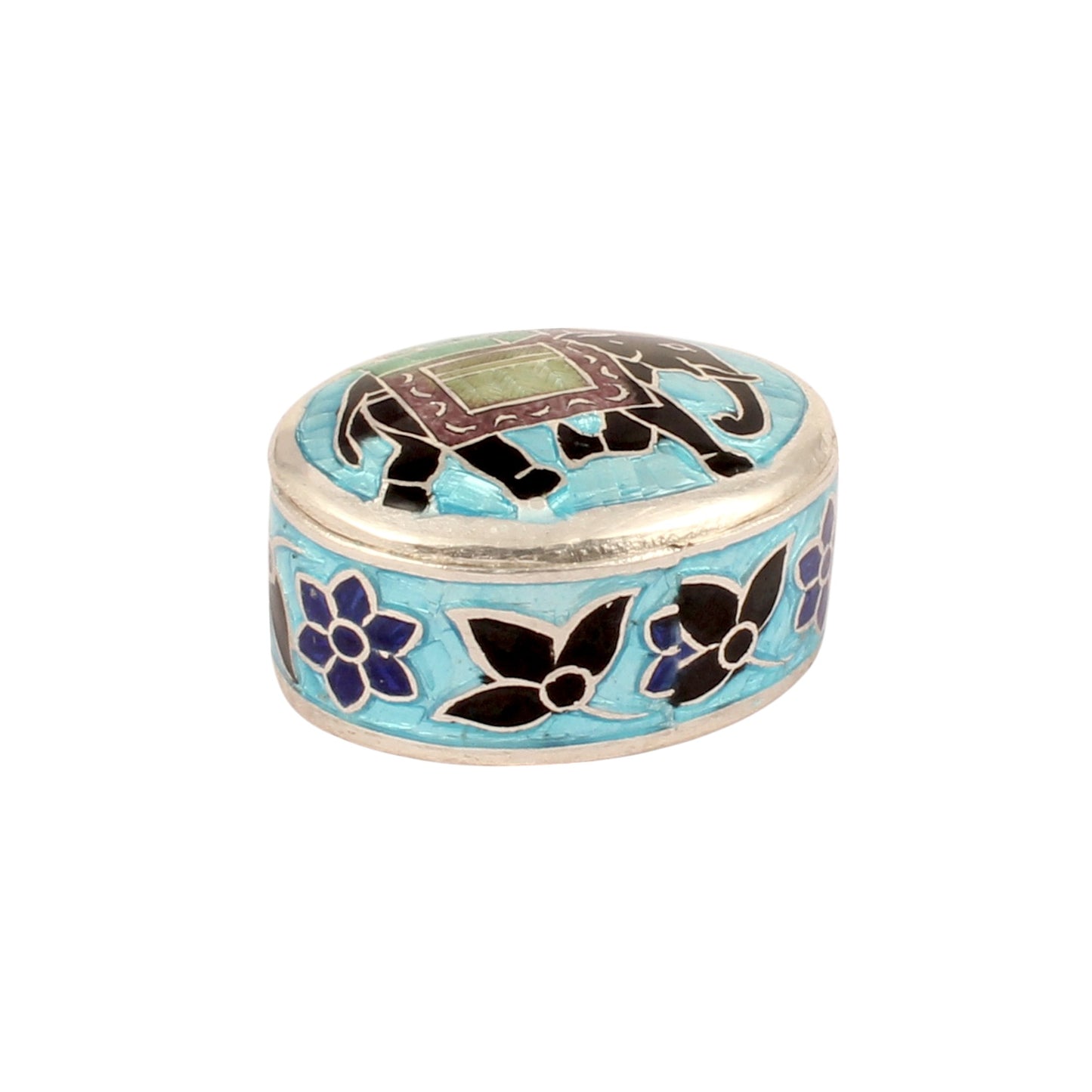 Sterling Silver Indian Enamel Trinket Box Blue Indian Elephant Pill Box