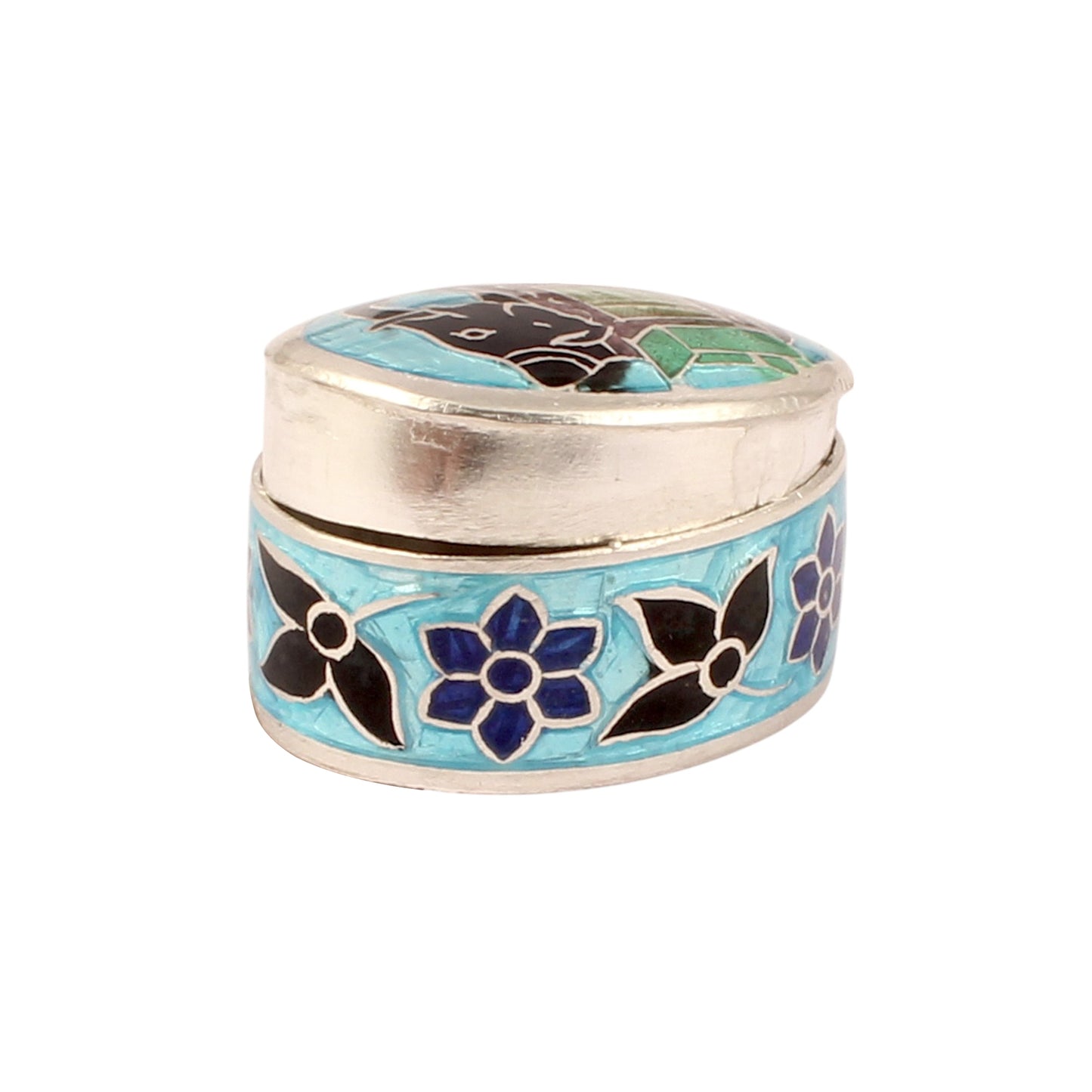 Sterling Silver Indian Enamel Trinket Box Blue Indian Elephant Pill Box