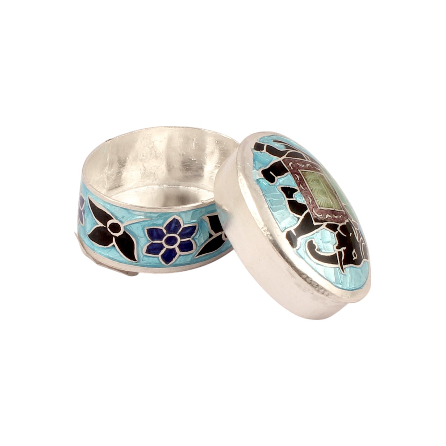 Sterling Silver Indian Enamel Trinket Box Blue Indian Elephant Pill Box