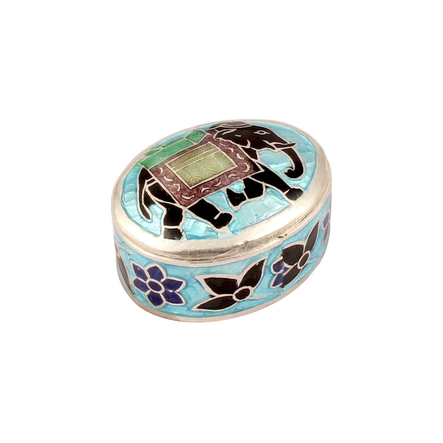 Sterling Silver Indian Enamel Trinket Box Blue Indian Elephant Pill Box