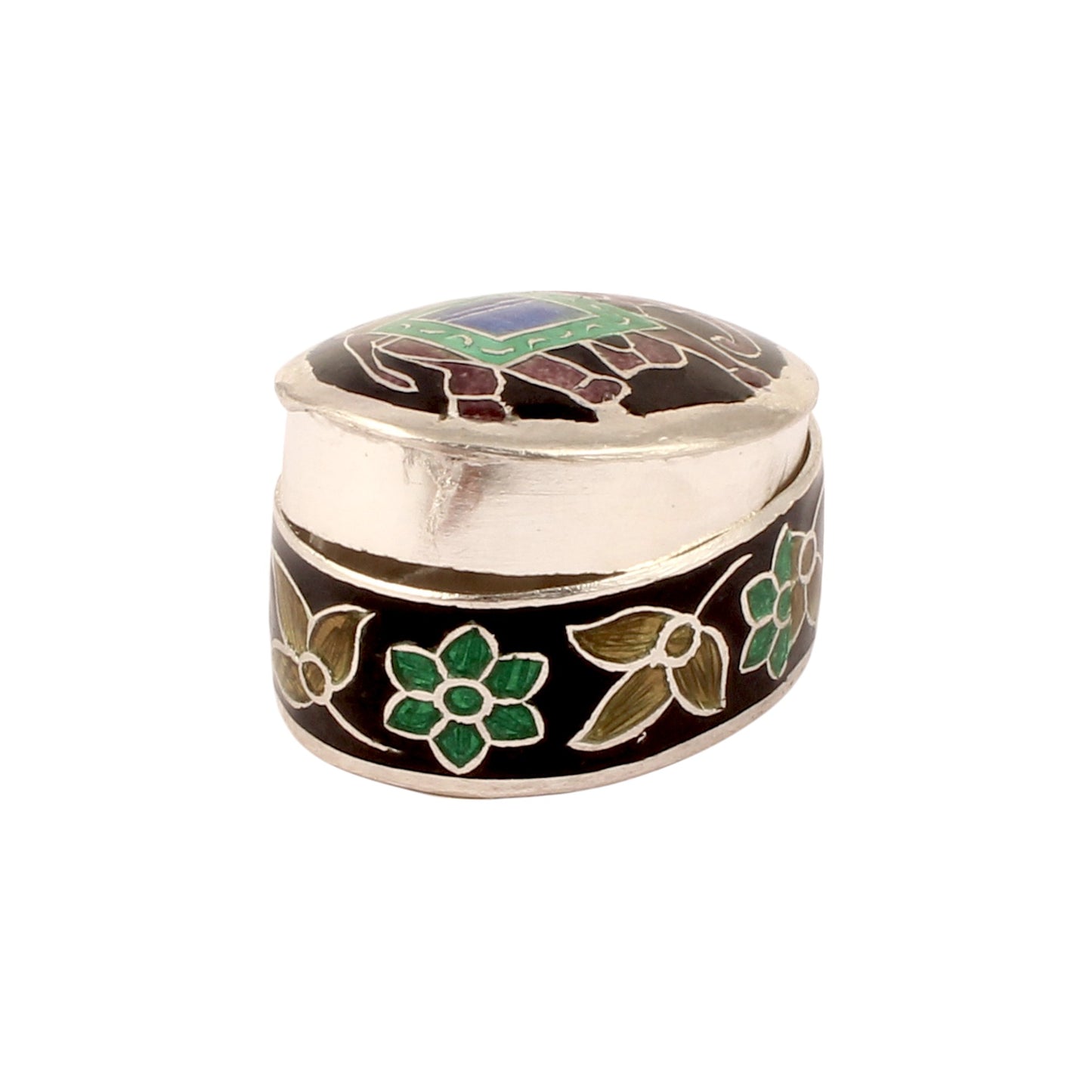 Sterling Silver Indian Enamel Trinket Box Indian Elephant Pill Box Indian Handicrafts Silver Ring Box