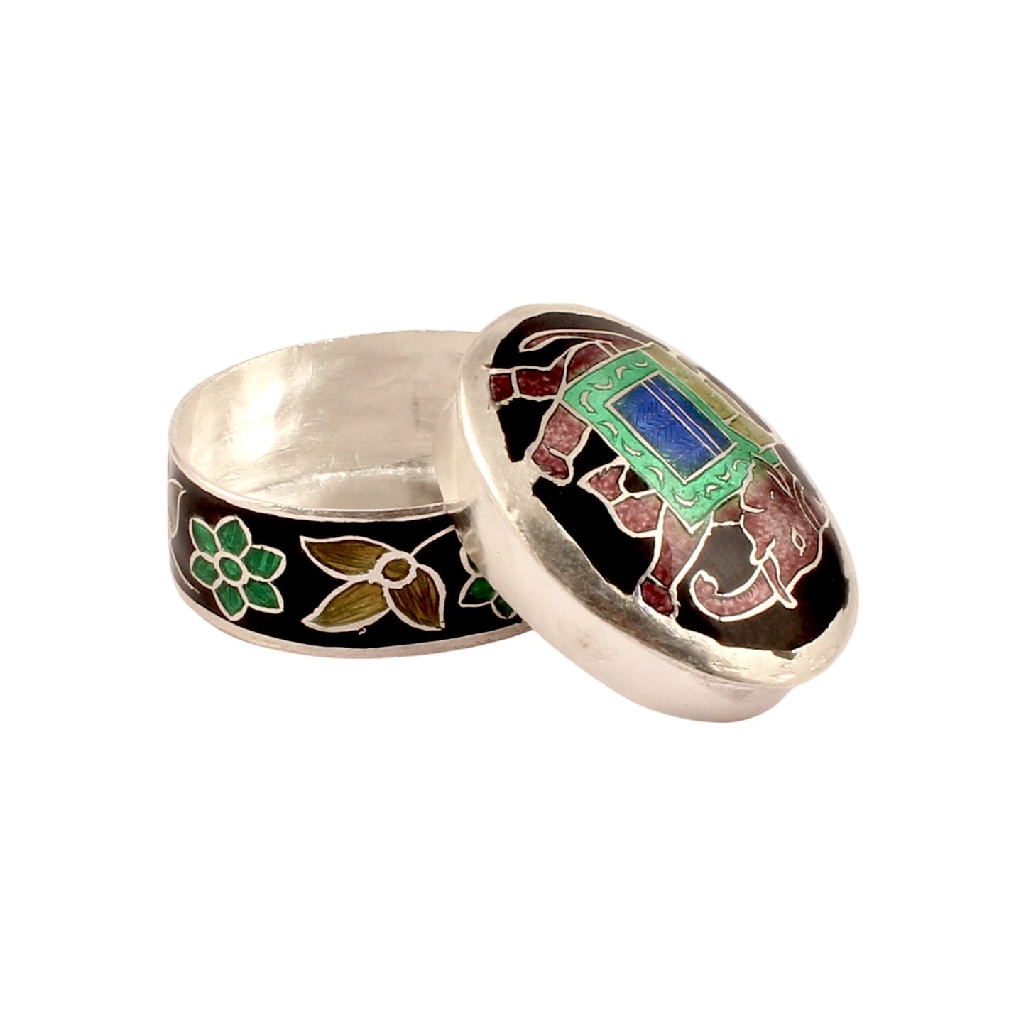 Sterling Silver Indian Enamel Trinket Box Indian Elephant Pill Box Indian Handicrafts Silver Ring Box
