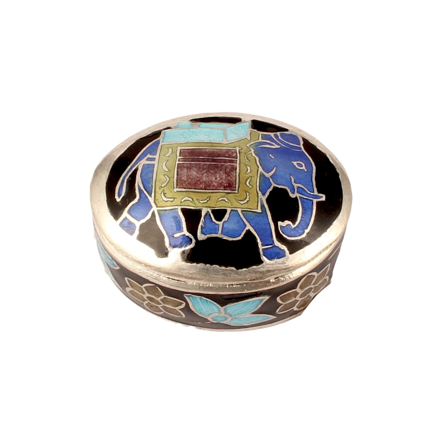 925 Sterling Silver Indian Enamel Trinket Box Indian Elephant Pill Box