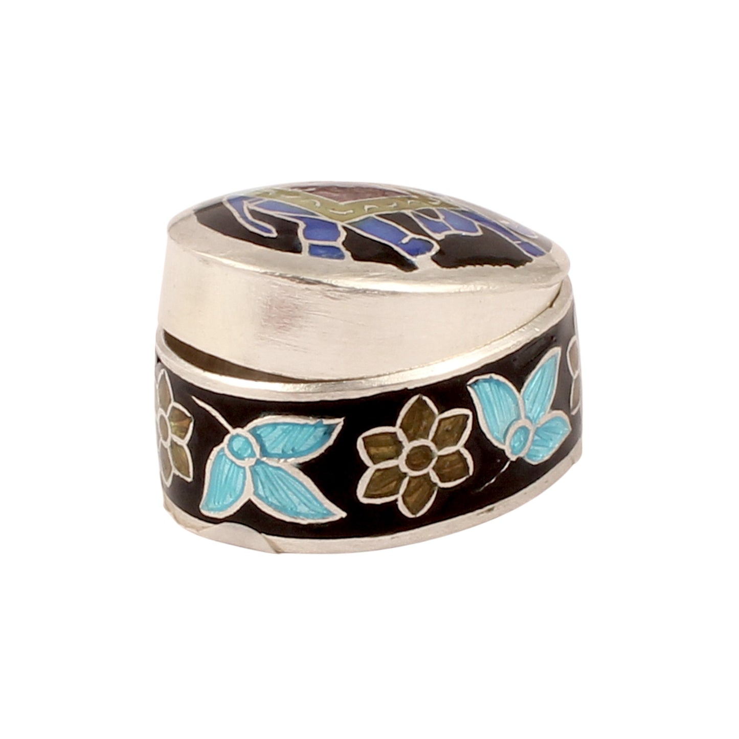 925 Sterling Silver Indian Enamel Trinket Box Indian Elephant Pill Box