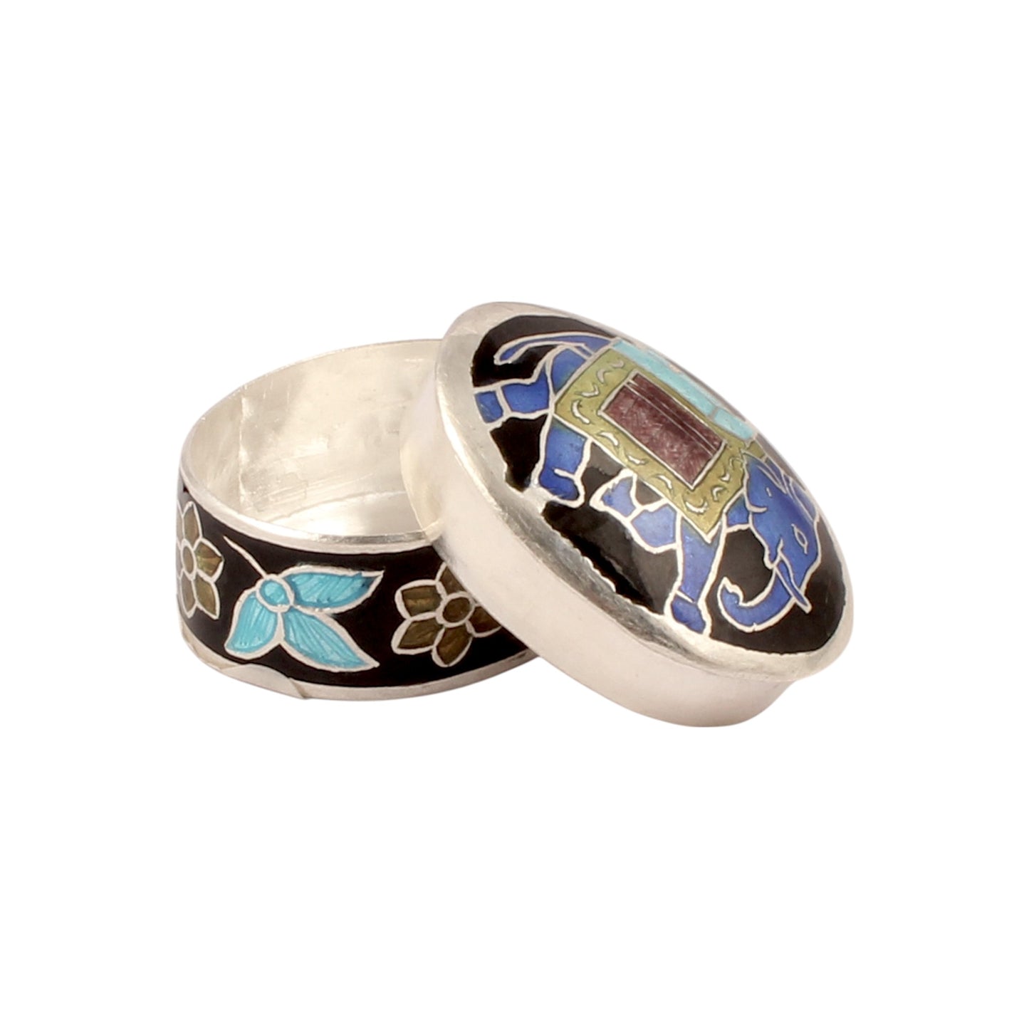 925 Sterling Silver Indian Enamel Trinket Box Indian Elephant Pill Box