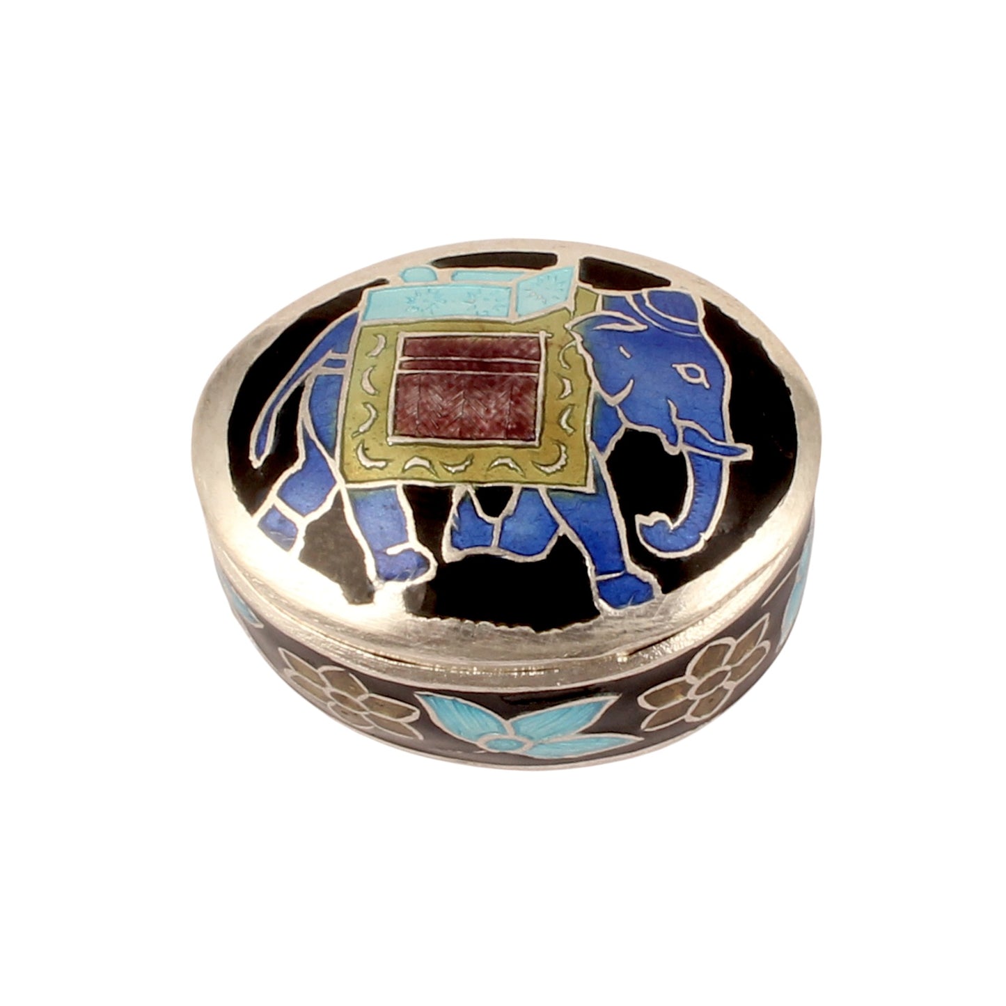 925 Sterling Silver Indian Enamel Trinket Box Indian Elephant Pill Box
