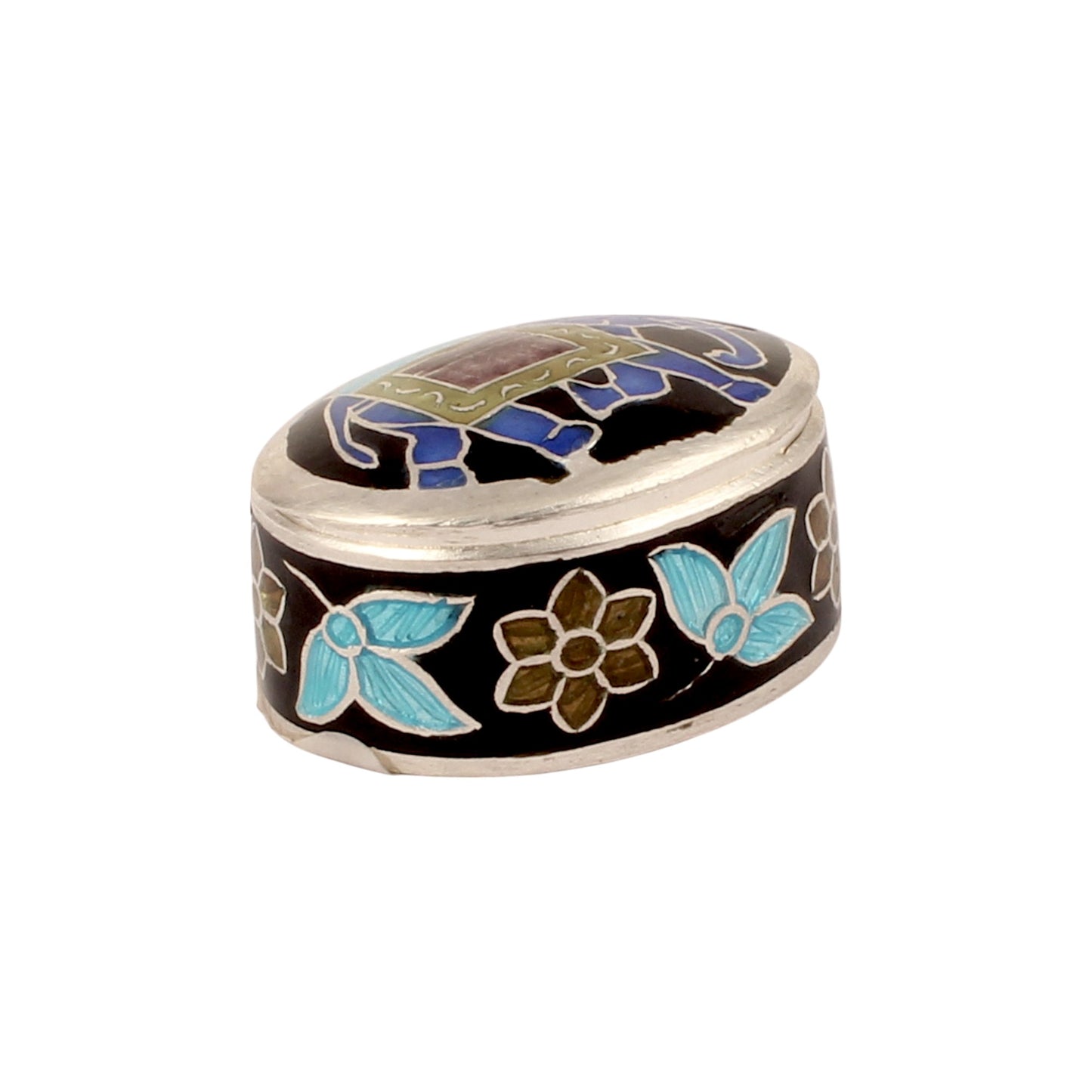 925 Sterling Silver Indian Enamel Trinket Box Indian Elephant Pill Box
