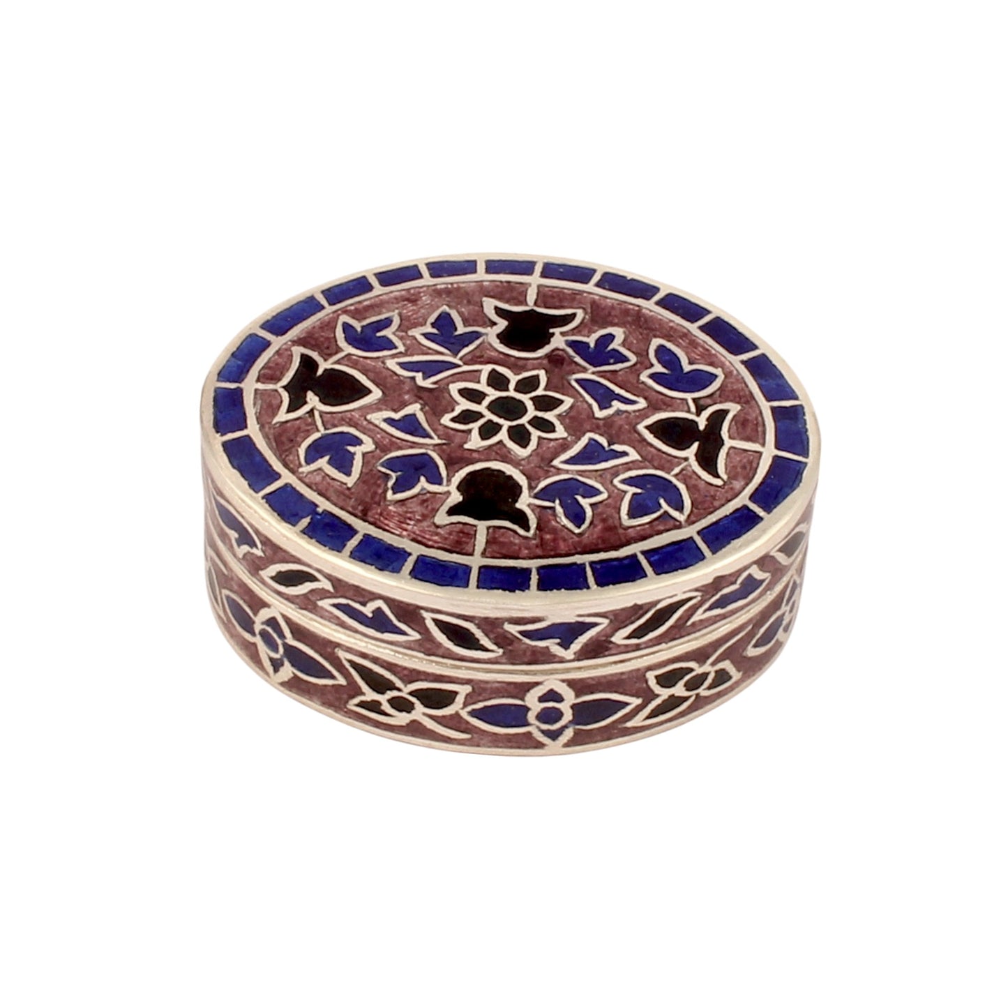 Meenakari Floral Trinket Box Container Handmade Unique Artisan 925 Sterling Silver Sindoor Box