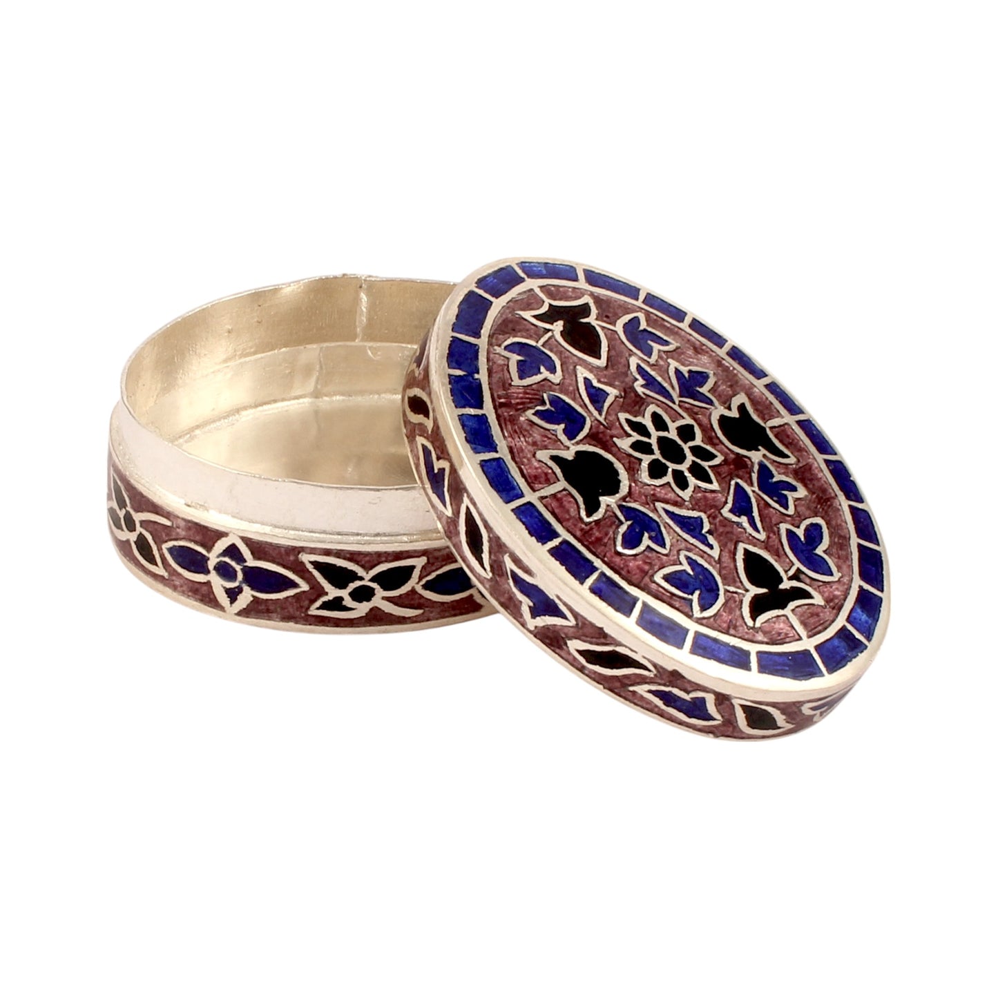 Meenakari Floral Trinket Box Container Handmade Unique Artisan 925 Sterling Silver Sindoor Box