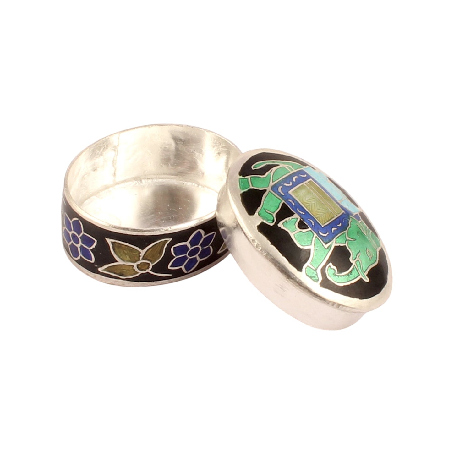 925 Sterling Silver Indian Enamel Trinket Box Indian Elephant Pill Box