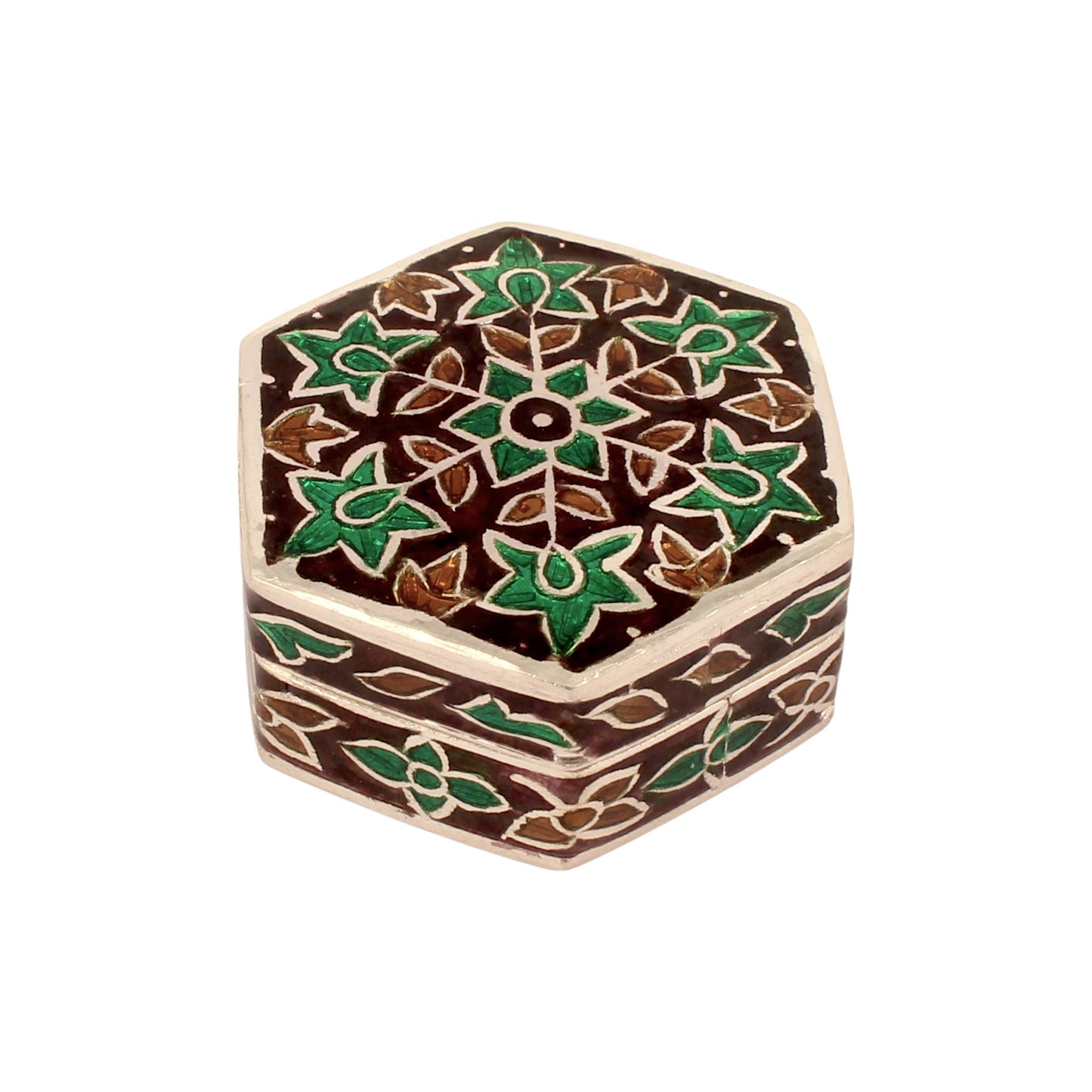 Hexagonal Meenakari Floral Trinket Box Container Handmade Unique Artisan 925 Sterling Silver Sindoor Box