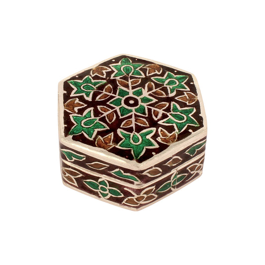 Hexagonal Meenakari Floral Trinket Box Container Handmade Unique Artisan 925 Sterling Silver Sindoor Box