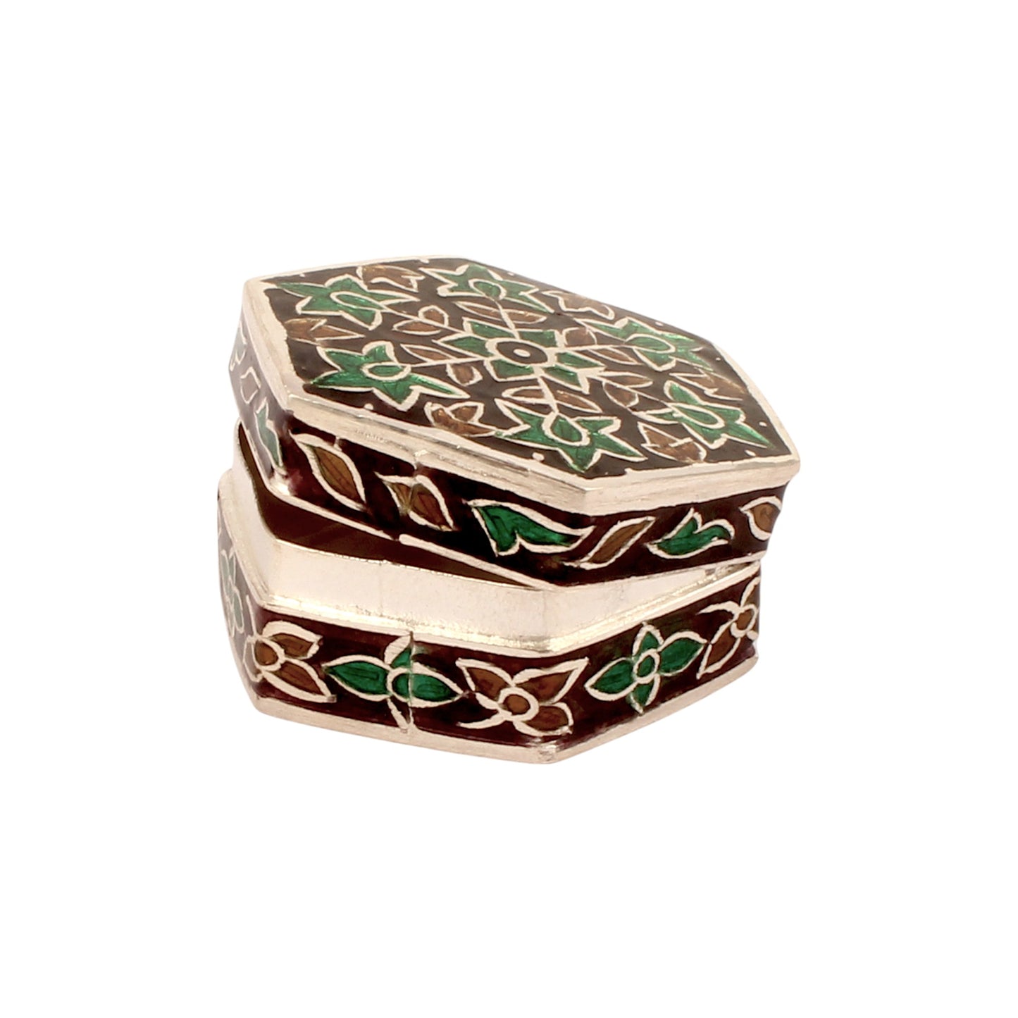 Hexagonal Meenakari Floral Trinket Box Container Handmade Unique Artisan 925 Sterling Silver Sindoor Box