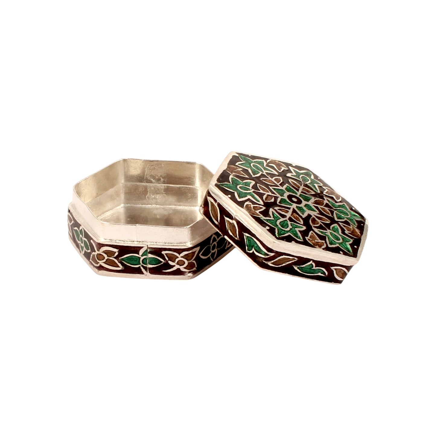 Hexagonal Meenakari Floral Trinket Box Container Handmade Unique Artisan 925 Sterling Silver Sindoor Box