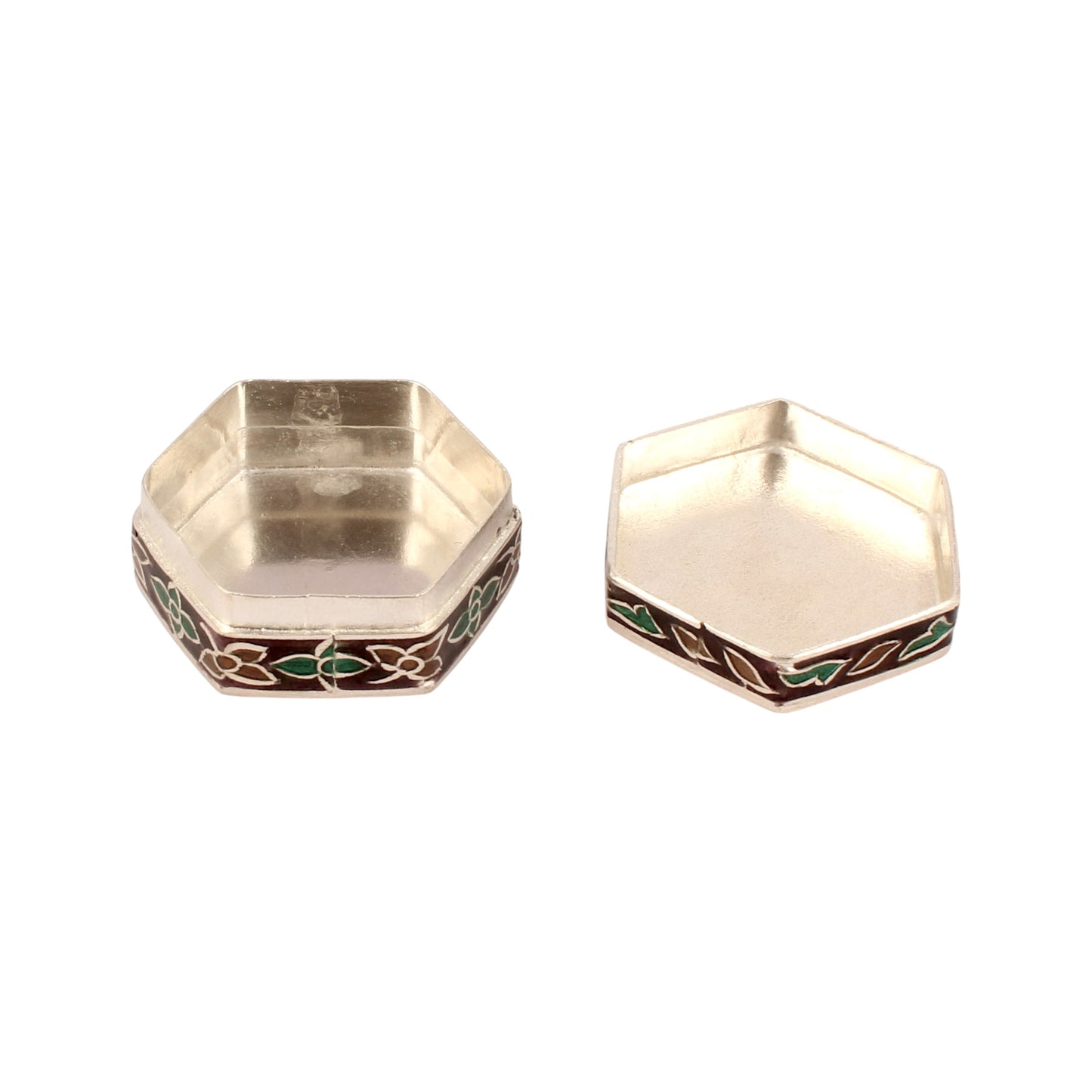 Hexagonal Meenakari Floral Trinket Box Container Handmade Unique Artisan 925 Sterling Silver Sindoor Box