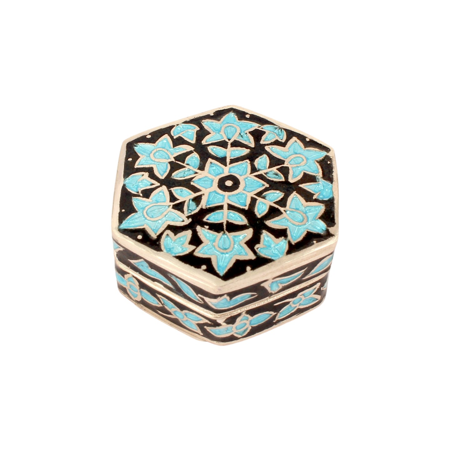 Hexagonal Meenakari Floral Trinket Box Container Handmade Unique Artisan 925 Sterling Silver Sindoor Box