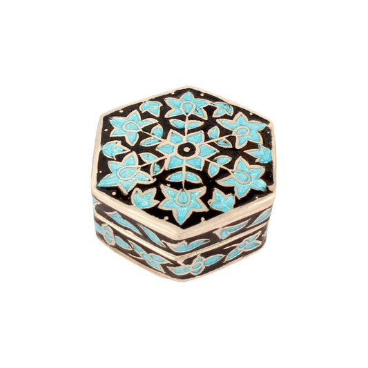 Hexagonal Meenakari Floral Trinket Box Container Handmade Unique Artisan 925 Sterling Silver Sindoor Box