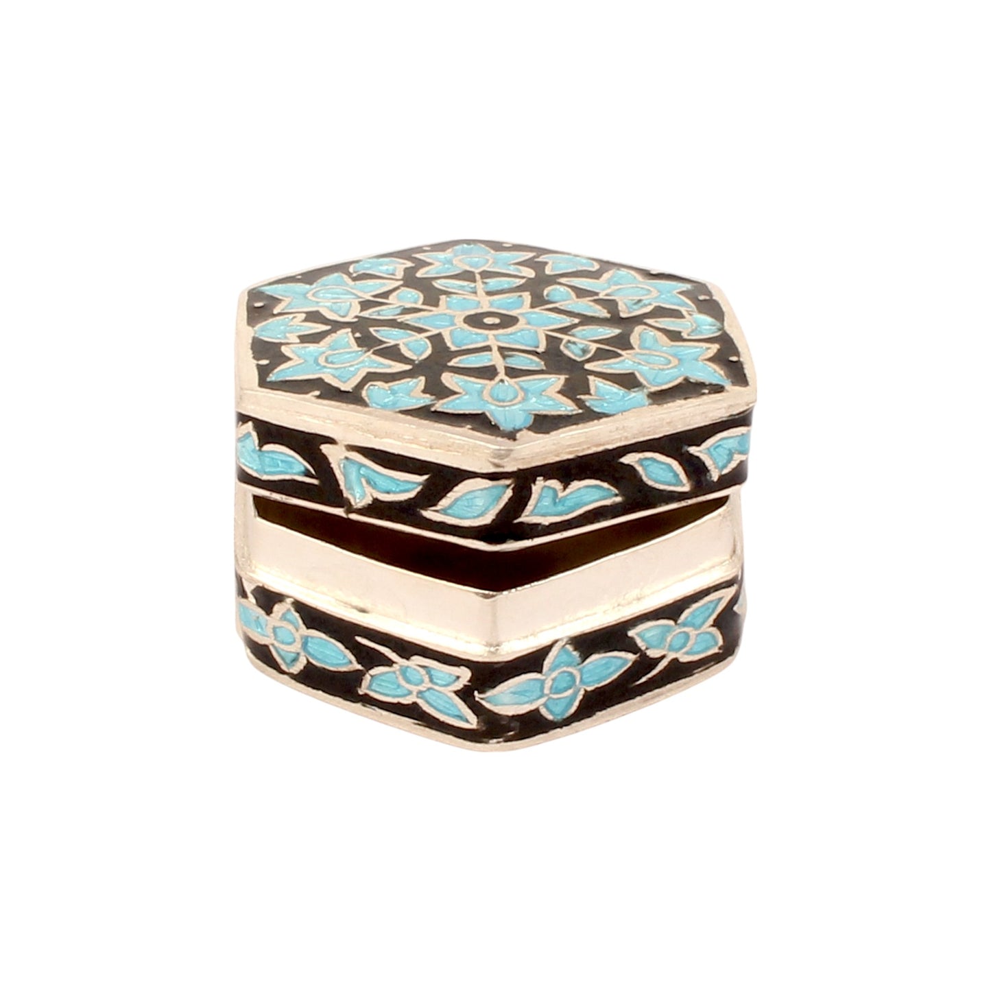 Hexagonal Meenakari Floral Trinket Box Container Handmade Unique Artisan 925 Sterling Silver Sindoor Box