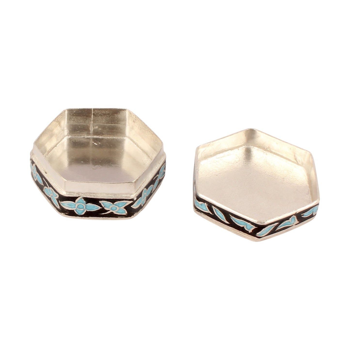 Hexagonal Meenakari Floral Trinket Box Container Handmade Unique Artisan 925 Sterling Silver Sindoor Box