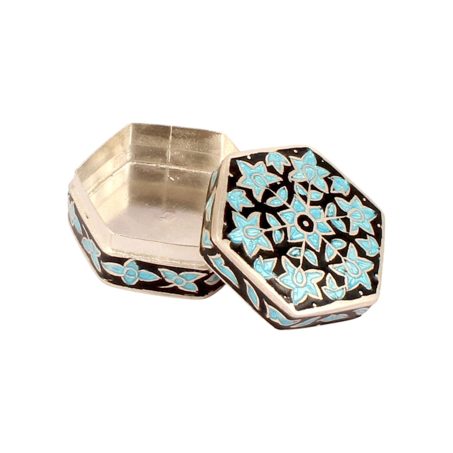 Hexagonal Meenakari Floral Trinket Box Container Handmade Unique Artisan 925 Sterling Silver Sindoor Box