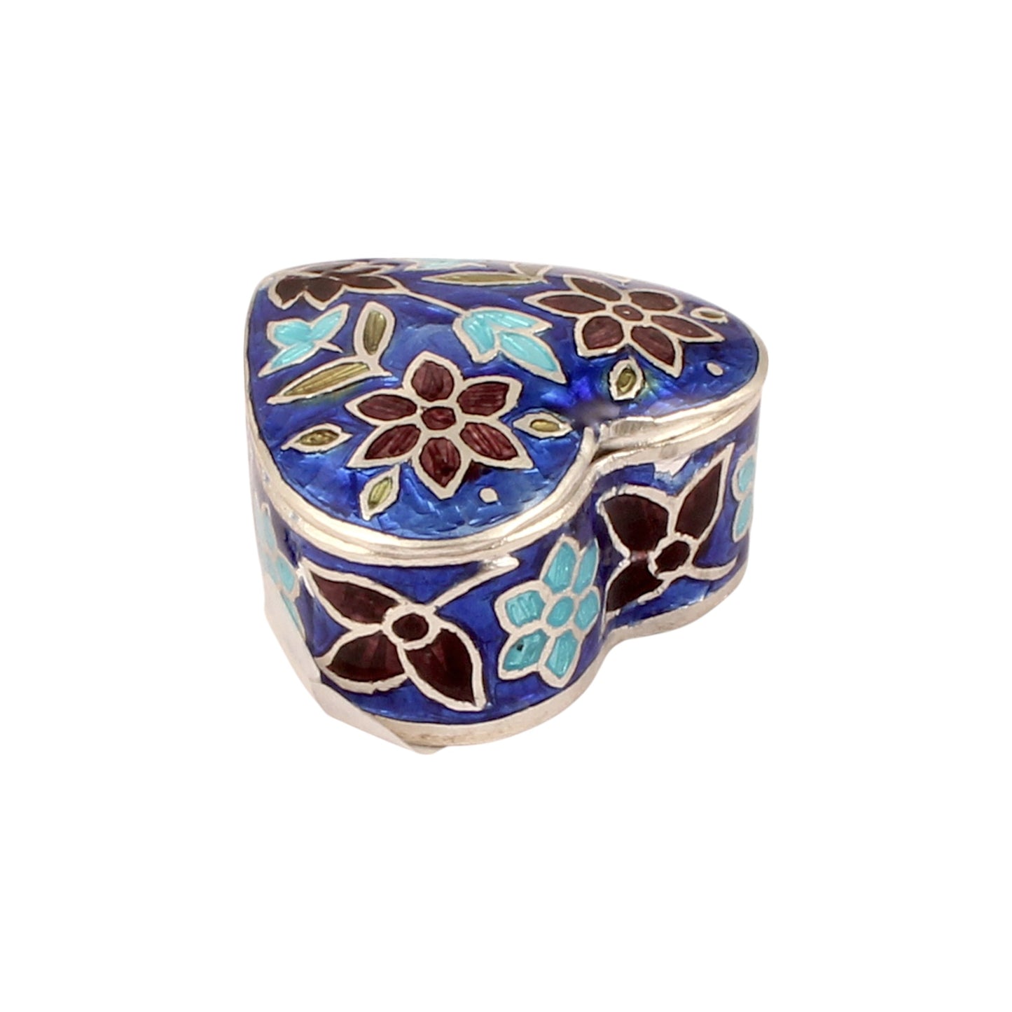 Heart Shape Meenakari Floral Trinket Box Container Handmade Unique Artisan 925 Sterling Silver Sindoor Box