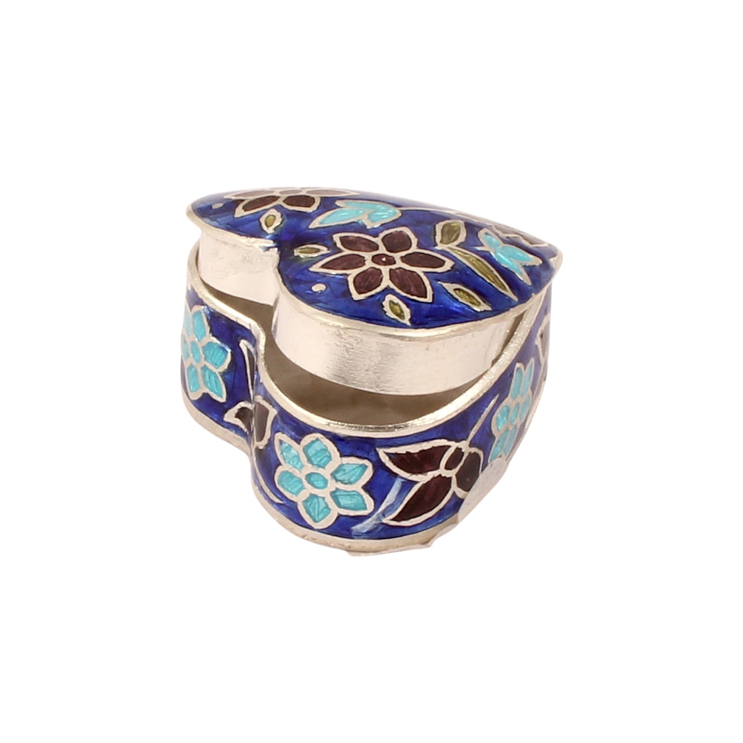 Heart Shape Meenakari Floral Trinket Box Container Handmade Unique Artisan 925 Sterling Silver Sindoor Box