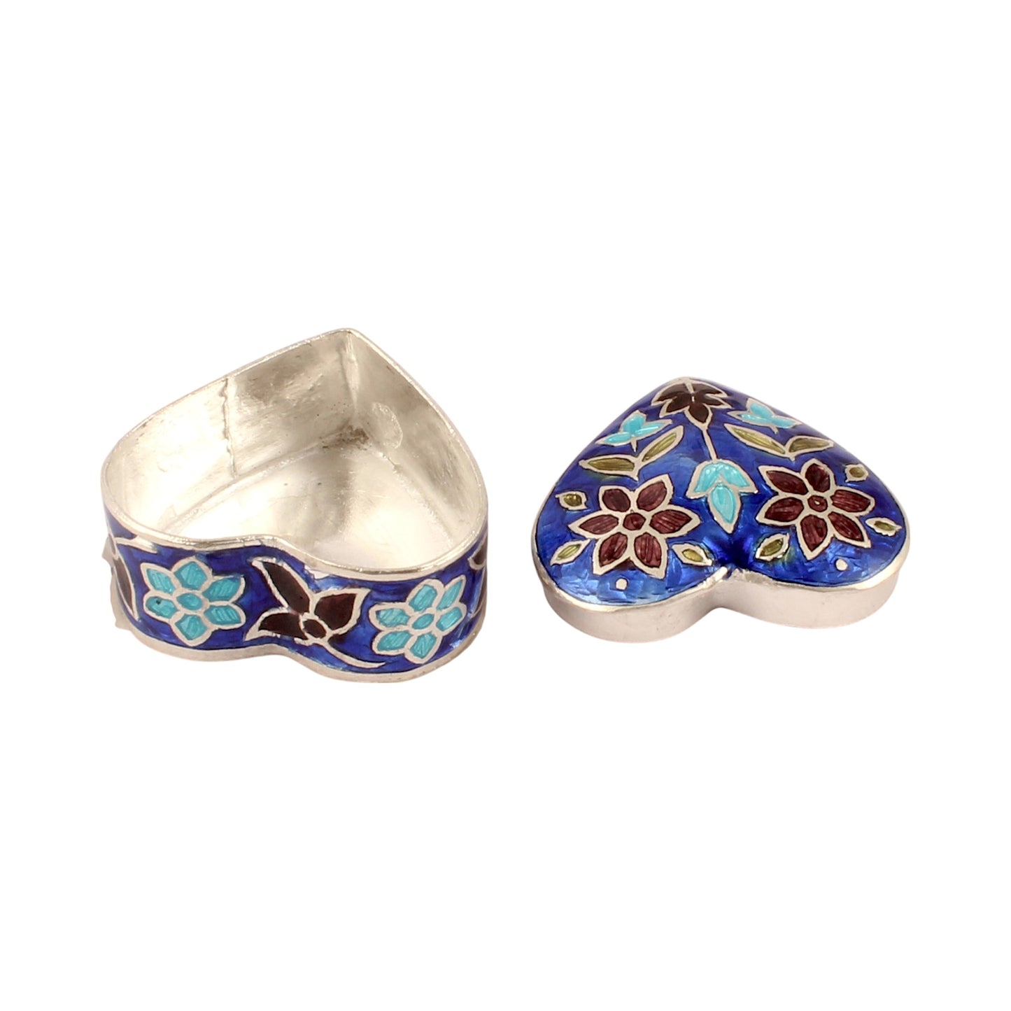 Heart Shape Meenakari Floral Trinket Box Container Handmade Unique Artisan 925 Sterling Silver Sindoor Box