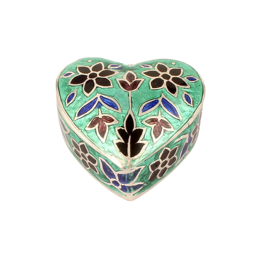 Heart Shape Meenakari Floral Trinket Box Container Handmade Unique Artisan 925 Sterling Silver Sindoor Box