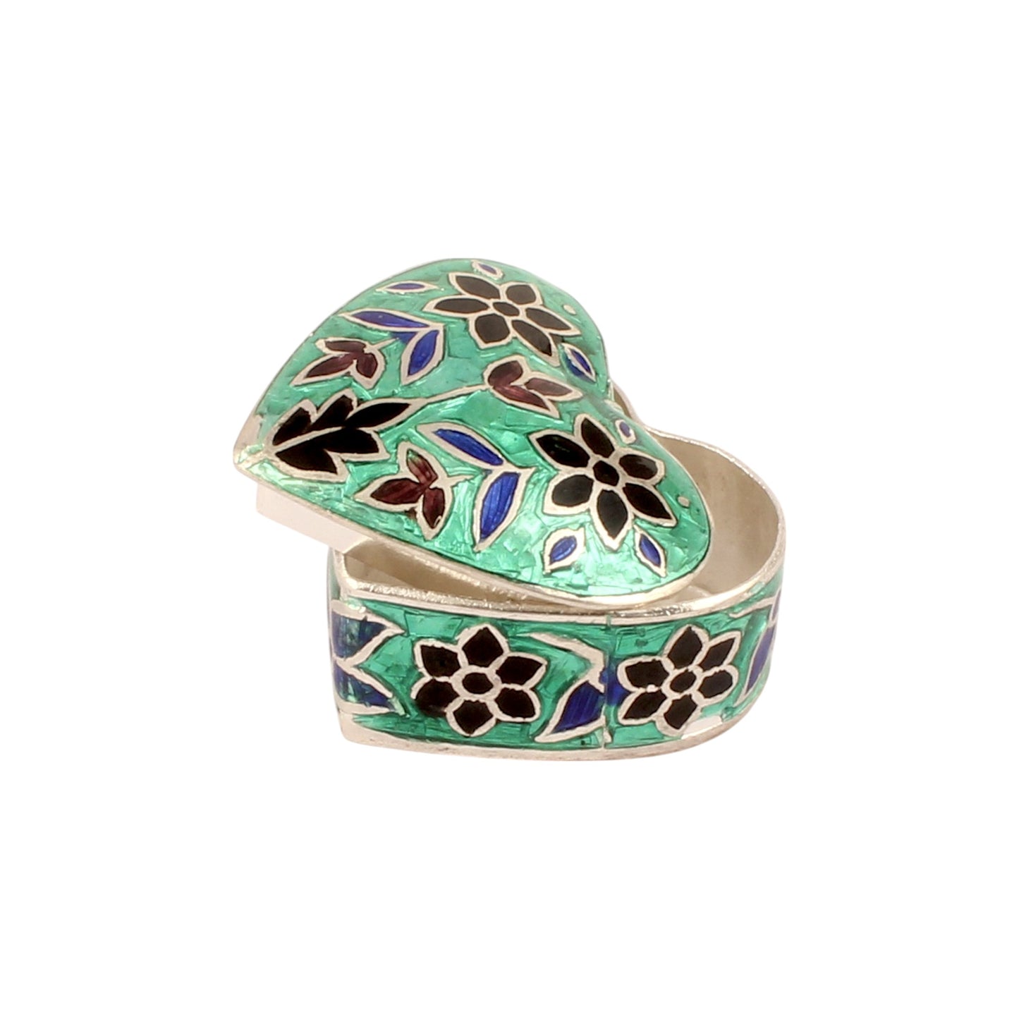 Heart Shape Meenakari Floral Trinket Box Container Handmade Unique Artisan 925 Sterling Silver Sindoor Box