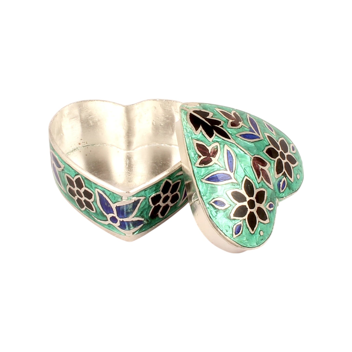 Heart Shape Meenakari Floral Trinket Box Container Handmade Unique Artisan 925 Sterling Silver Sindoor Box