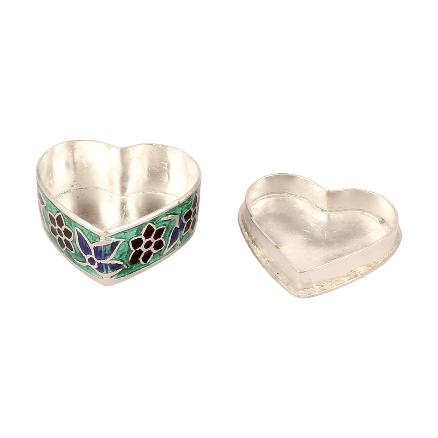 Heart Shape Meenakari Floral Trinket Box Container Handmade Unique Artisan 925 Sterling Silver Sindoor Box