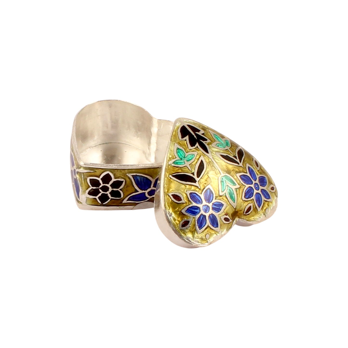 Heart Shape Meenakari Floral Trinket Box Container Handmade Unique Artisan 925 Sterling Silver Sindoor Box
