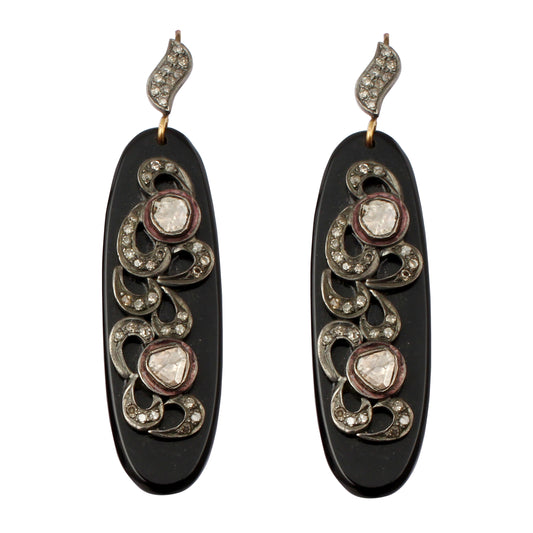 Onyx & Diamond polki Silver  Earrings