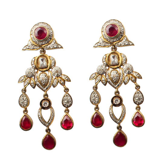 Ruby(Glass Filled) Silver Diamond polki Earrings