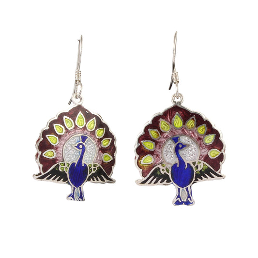 Peacock Enamel Silver Earrings Solid 925 Sterling Silver Dangle Earrings Ear Wire Colorful Enamel Earrings