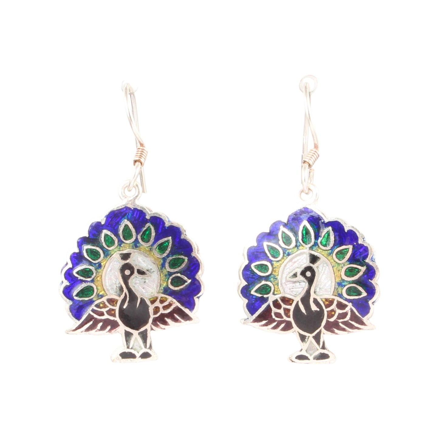 Designer Peacock Enamel Silver Earrings Solid 925 Sterling Silver Dangle Earrings Ear Wire Colorful Enamel Earrings