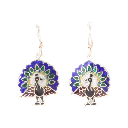 Designer Peacock Enamel Silver Earrings Solid 925 Sterling Silver Dangle Earrings Ear Wire Colorful Enamel Earrings
