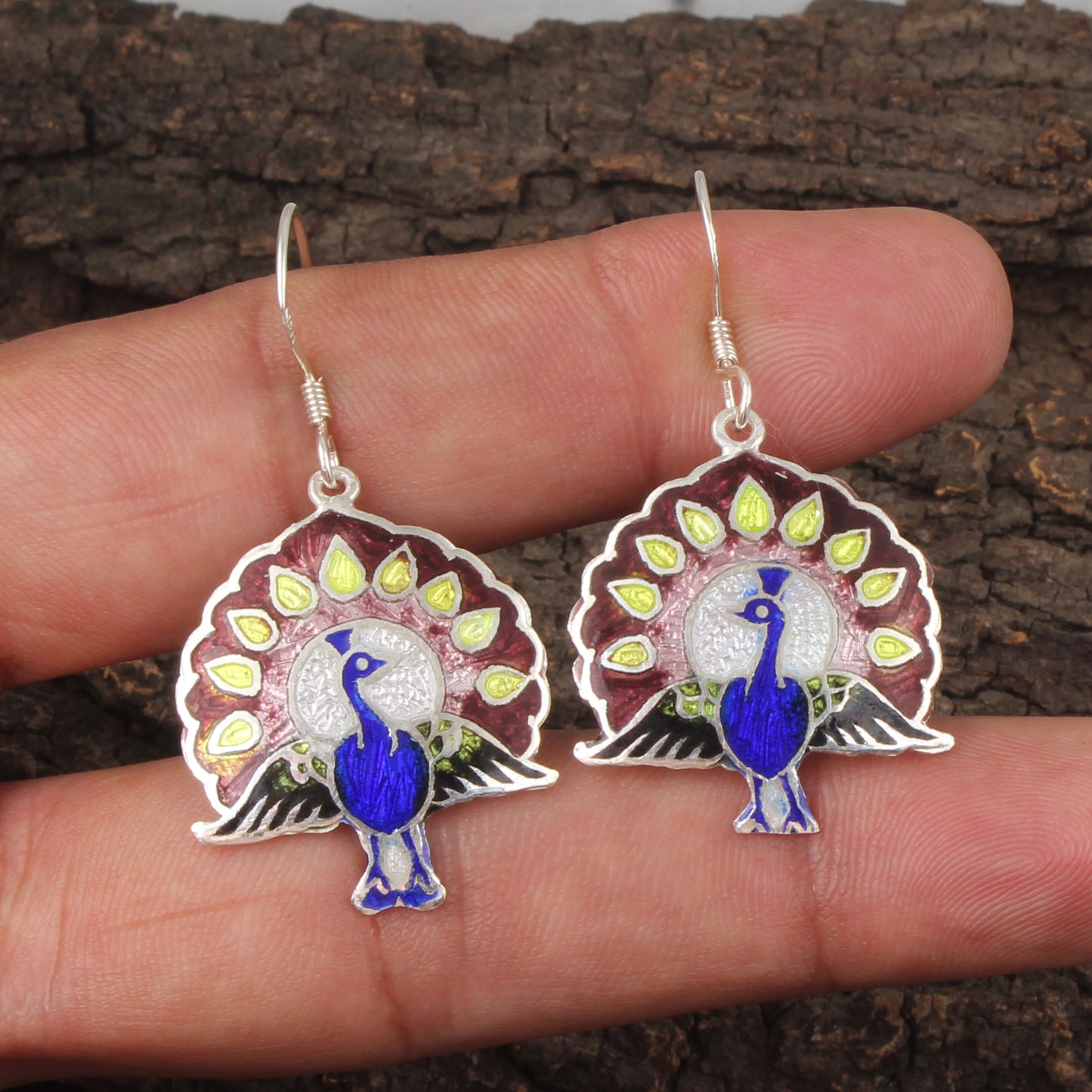 Peacock Enamel Silver Earrings Solid 925 Sterling Silver Dangle Earrings Ear Wire Colorful Enamel Earrings