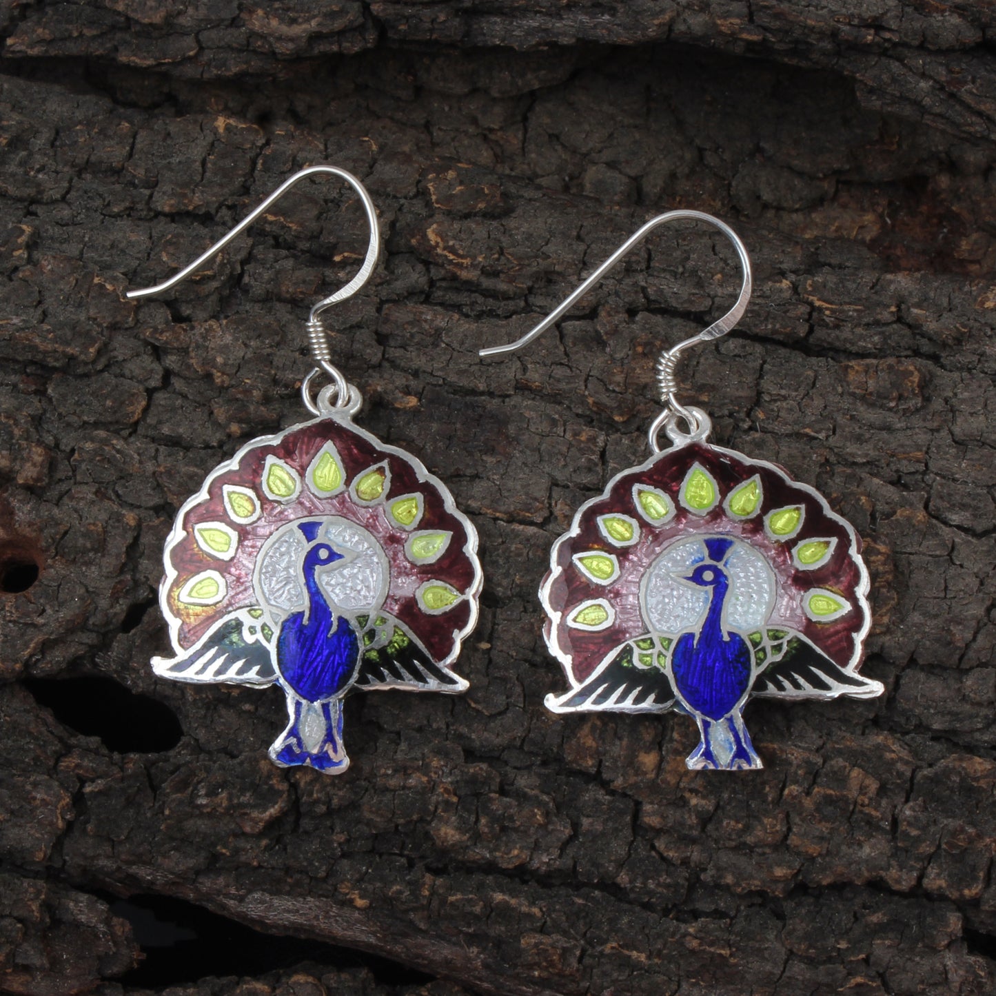 Peacock Enamel Silver Earrings Solid 925 Sterling Silver Dangle Earrings Ear Wire Colorful Enamel Earrings