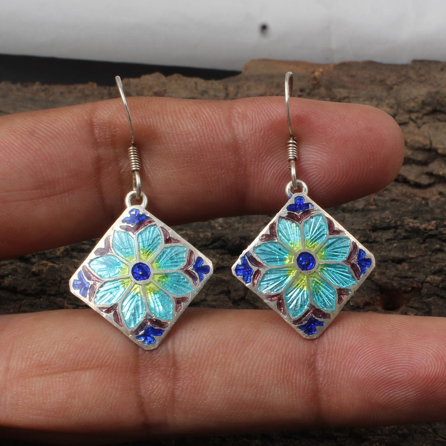 Floral Enamel Silver Earrings Solid 925 Sterling Silver Dangle Earrings Ear Wire Designer Colorful Enamel Earrings