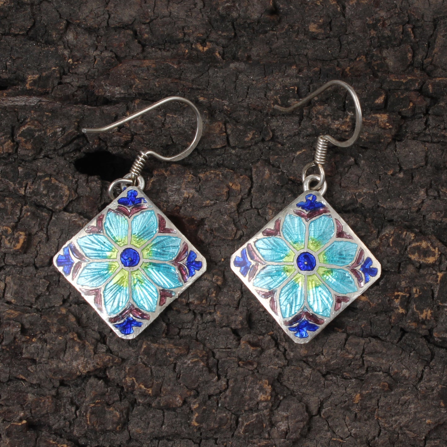 Floral Enamel Silver Earrings Solid 925 Sterling Silver Dangle Earrings Ear Wire Designer Colorful Enamel Earrings