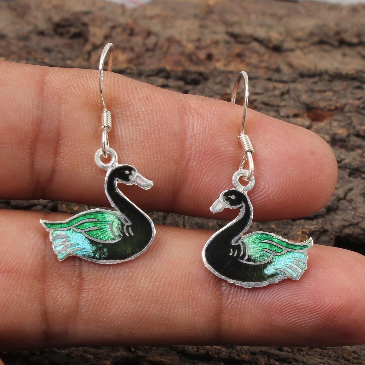 Duck Enamel Silver Earrings Solid 925 Sterling Silver Dangle Earrings Ear Wire Colorful Enamel Earrings