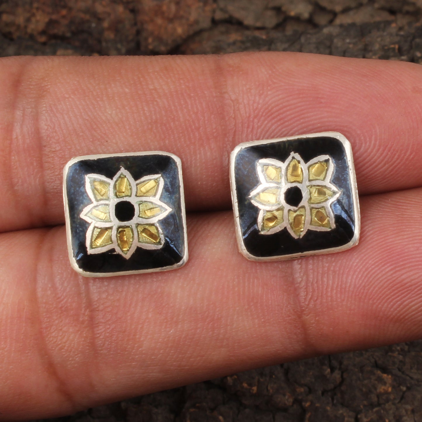 Floral Meenakari Silver Stud Earrings Solid 925 Sterling Silver Earrings Ear Wire Colorful Enamel Earrings