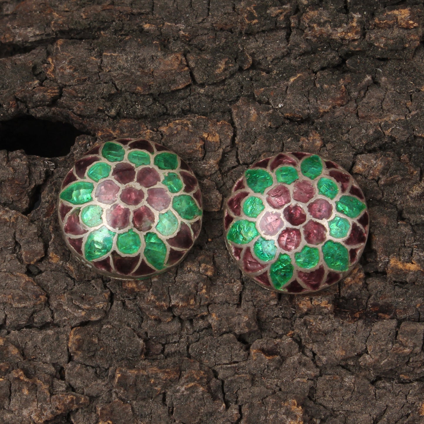 Floral Meenakari Silver Round Stud Earrings Solid 925 Sterling Silver Earrings Ear Wire Colorful Enamel Earrings