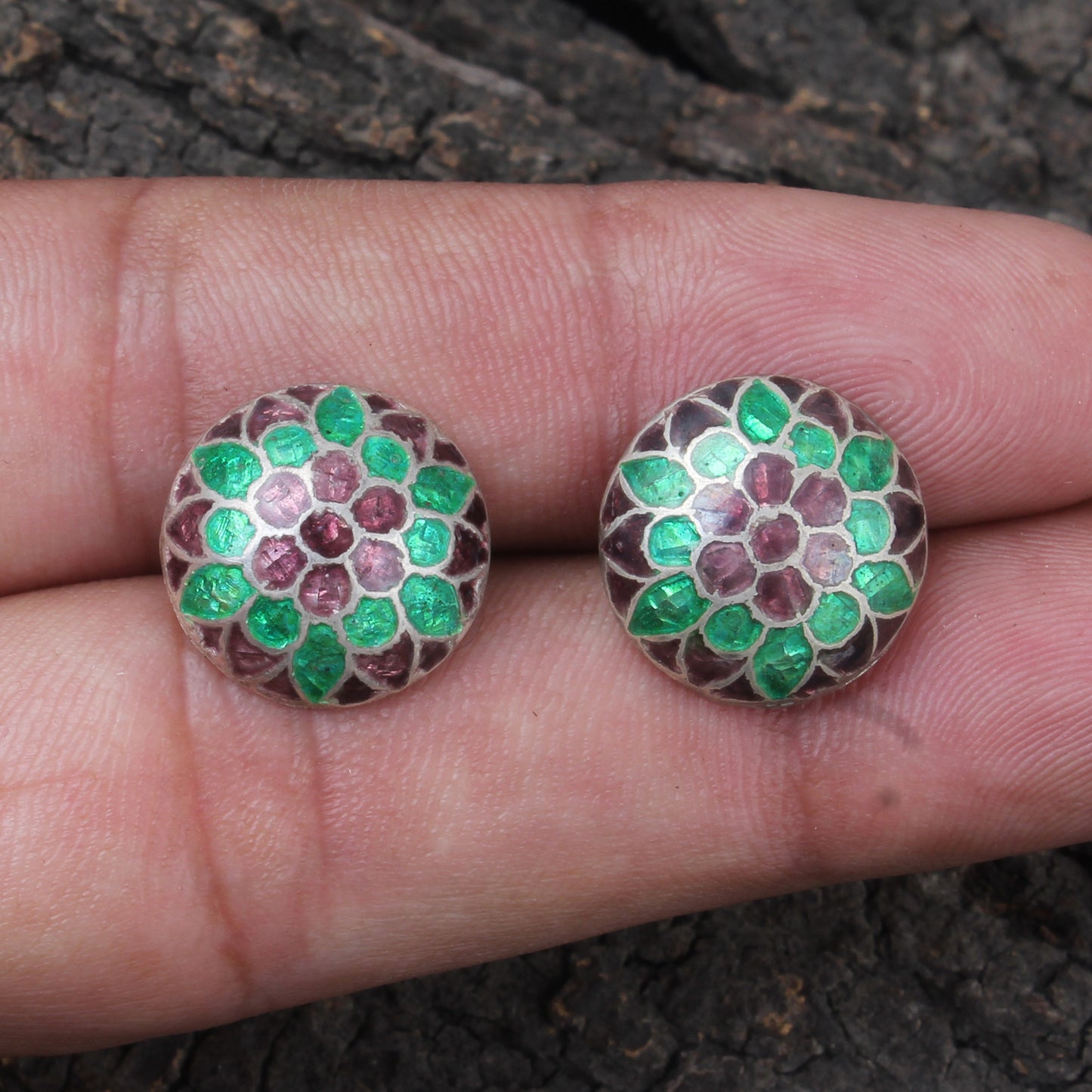 Floral Meenakari Silver Round Stud Earrings Solid 925 Sterling Silver Earrings Ear Wire Colorful Enamel Earrings